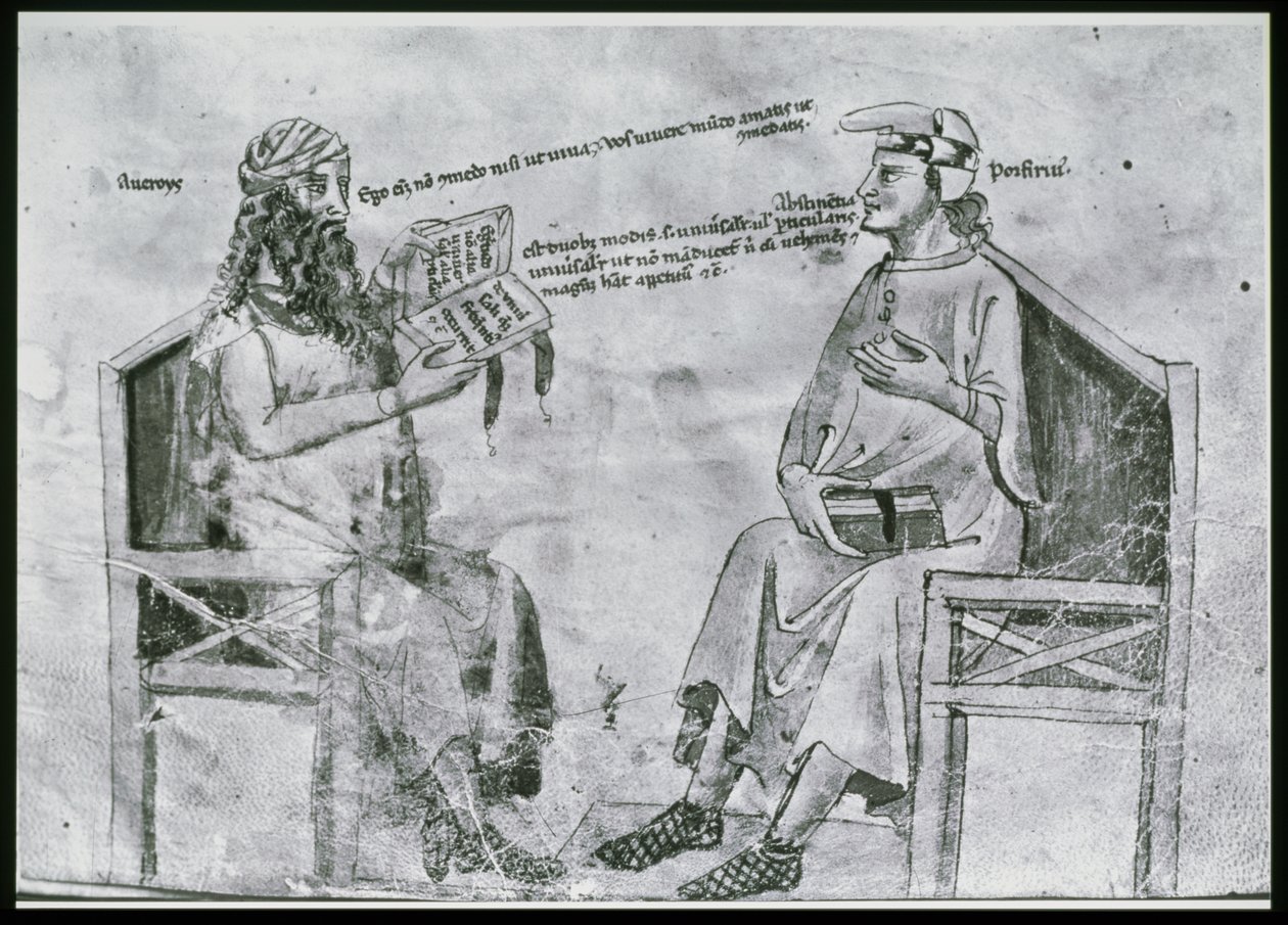 Lat 6823女士fol.2 Averroes（1126-98）与斑岩对话（c.232-c.305）（笔和墨水在纸上洗） 作者 意大利学校