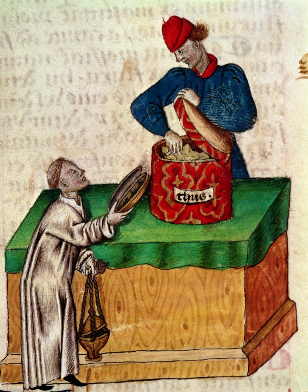 Ms Lat 993 fol.104r 《卖香人》，选自 Dioscorides 的《Tractatus de Herbis》（牛皮纸）。 作者 意大利学校