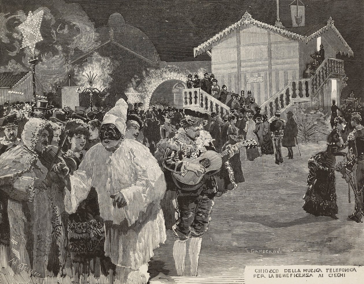 为盲人筹款的音乐亭，Pulcinella面具，意大利那不勒斯的狂欢节，根据Matania的画作雕刻，Gamberoni的雕刻出自《意大利插图》第8期，2月24日 作者 意大利学校