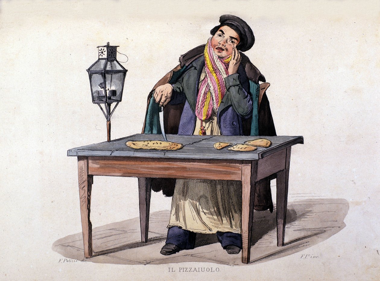 那不勒斯，披萨推销员。 在 F. Palizza 的一幅画之后雕刻。 来自 Francesco de Bourcard 的作品《那不勒斯王国的服装》 作者 意大利学校