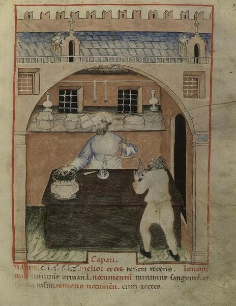 Nouv Acq Lat 1673 fol.39 卖干肉的人，来自《Tacuinum Sanitatis》，约1390-1400年（牛皮纸）。 作者 意大利学校
