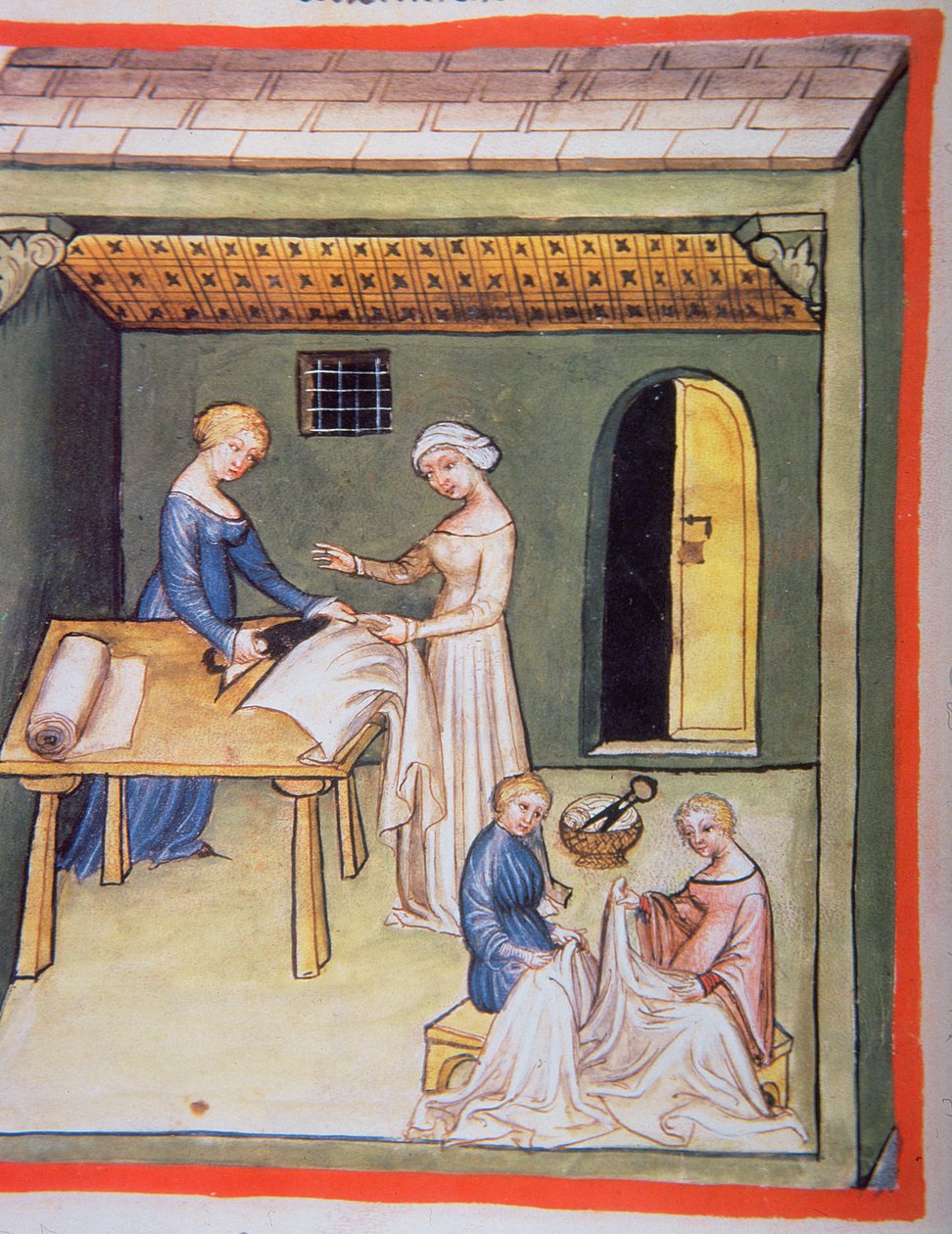 Nova 2644 fol.105v The Tailors Shop：亚麻衣服，来自Tacuinum Sanitatis 作者 意大利学校