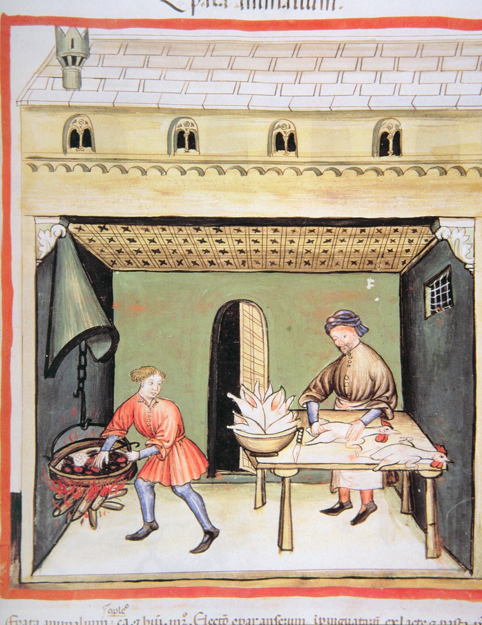 Nova 2644 fol.80r屠夫：来自Tacuinum Sanitatis的烹饪肝脏 作者 意大利学校