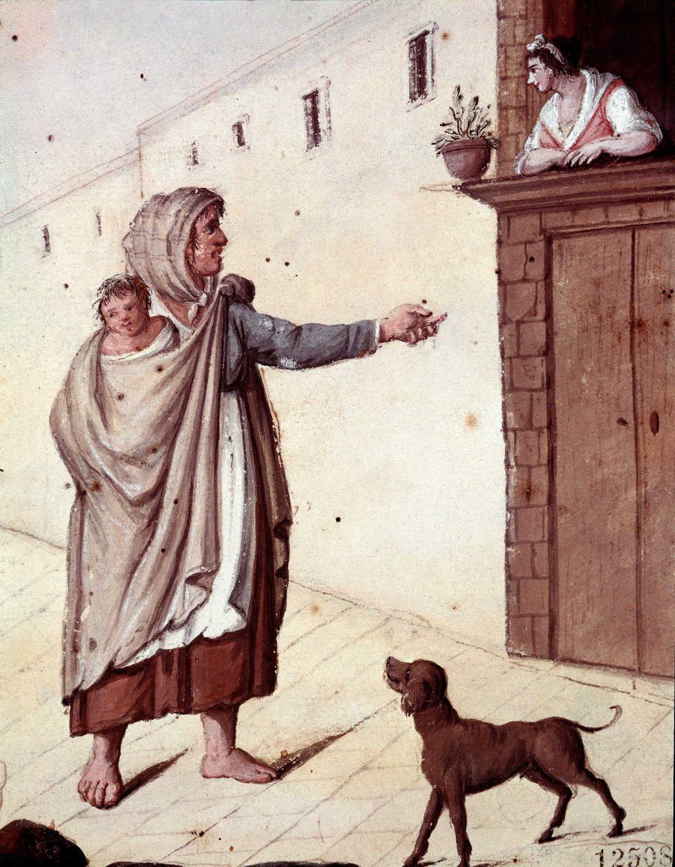 Old Neapolitan metiers: a beggar and her child in the streets of Naples - (Old Neapolitan trades: a beggar) Watercolour of the 19th century - Naples Museo Nazionale di San Martino 作者 意大利学校