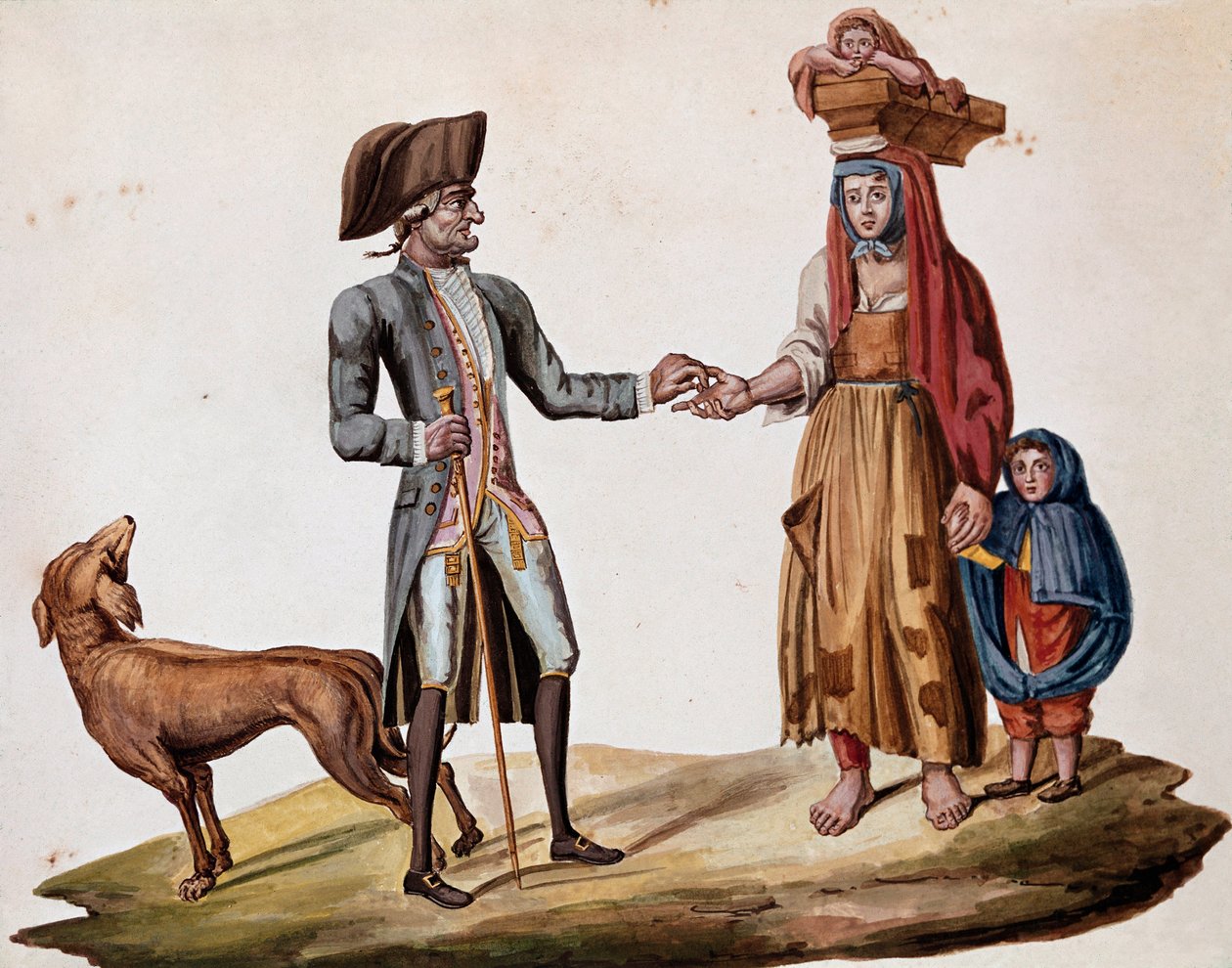 Old Neapolitan metiers: a noble gives a coin to a palmiscian - (Old Neapolitan trades: a rich man gives money to a poor story teller) Watercolour of the 19th century - Naples Museo Nazionale di San Martino 作者 意大利学校