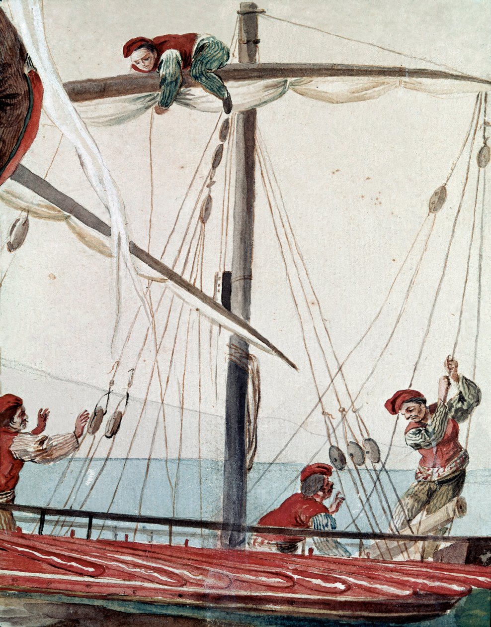 旧那不勒斯贸易：渔船 - 19 世纪水彩画 - 那不勒斯 Museo Nazionale di San Martino 作者 意大利学校