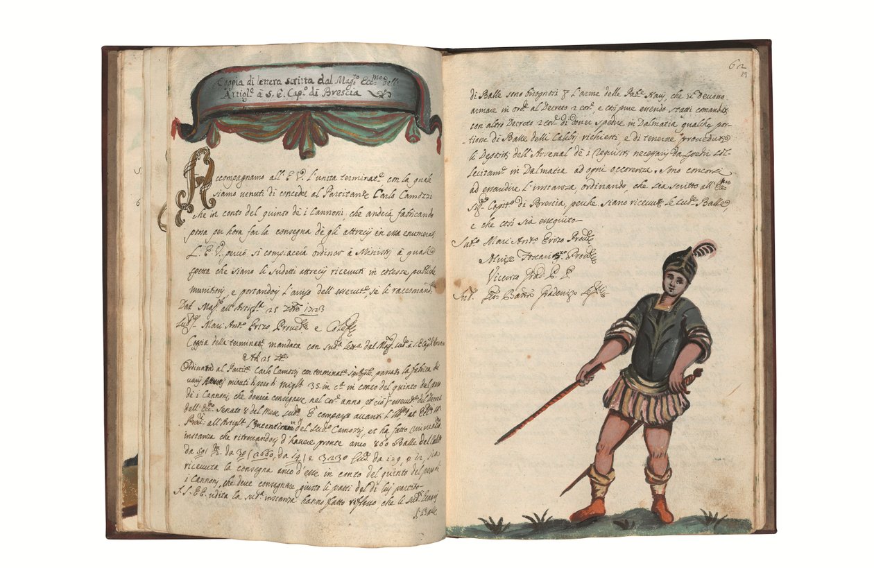 卡洛-卡莫齐-迪-贝尔加莫（Carlo Camozzi di Bergamo，约生于 1712 年）用意大利语和拉丁语撰写的《威尼斯共和国枪支制造》，纸质插图手稿，威尼斯，18 世纪上半叶（纸张上的墨水和色彩） 作者 意大利学校