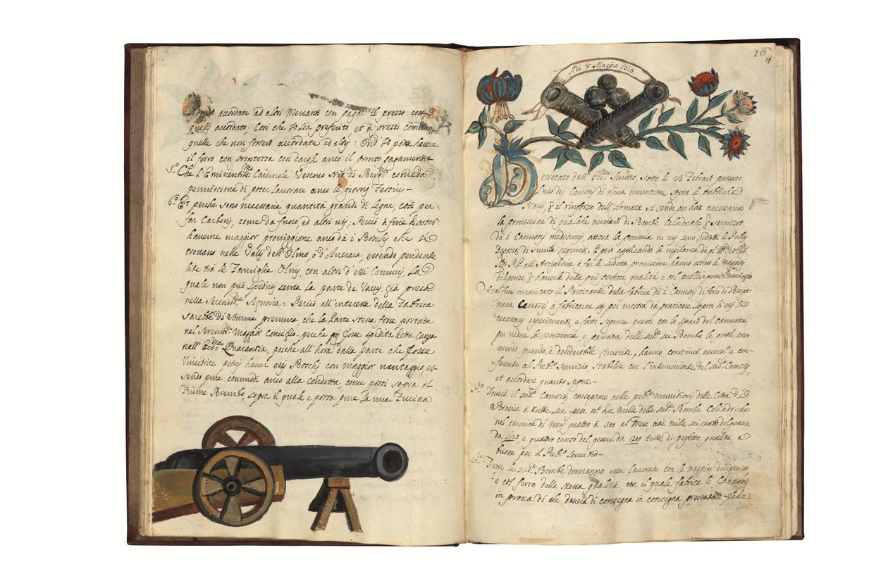 卡洛-卡莫齐-迪-贝尔加莫（Carlo Camozzi di Bergamo，约生于 1712 年）用意大利语和拉丁语撰写的《威尼斯共和国枪支制造》，纸质插图手稿，威尼斯，18 世纪上半叶（纸张上的墨水和色彩） 作者 意大利学校