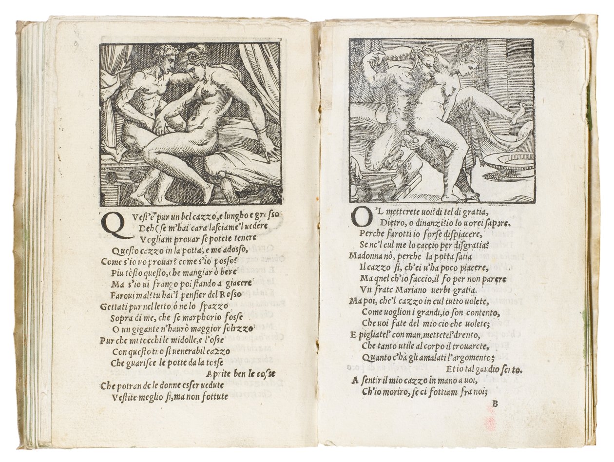 彼得·阿雷蒂诺（Pietro Aretino）的《索内蒂·卢苏里奥西》（Sonetti Lussuriosi）的页面，由朱利奥·罗马诺（Giulio Romano）插图和马尔坎通尼奥·雷蒙迪（Marcantonio Raimondi）刻制，于约1527年出版，威尼斯 作者 意大利学校