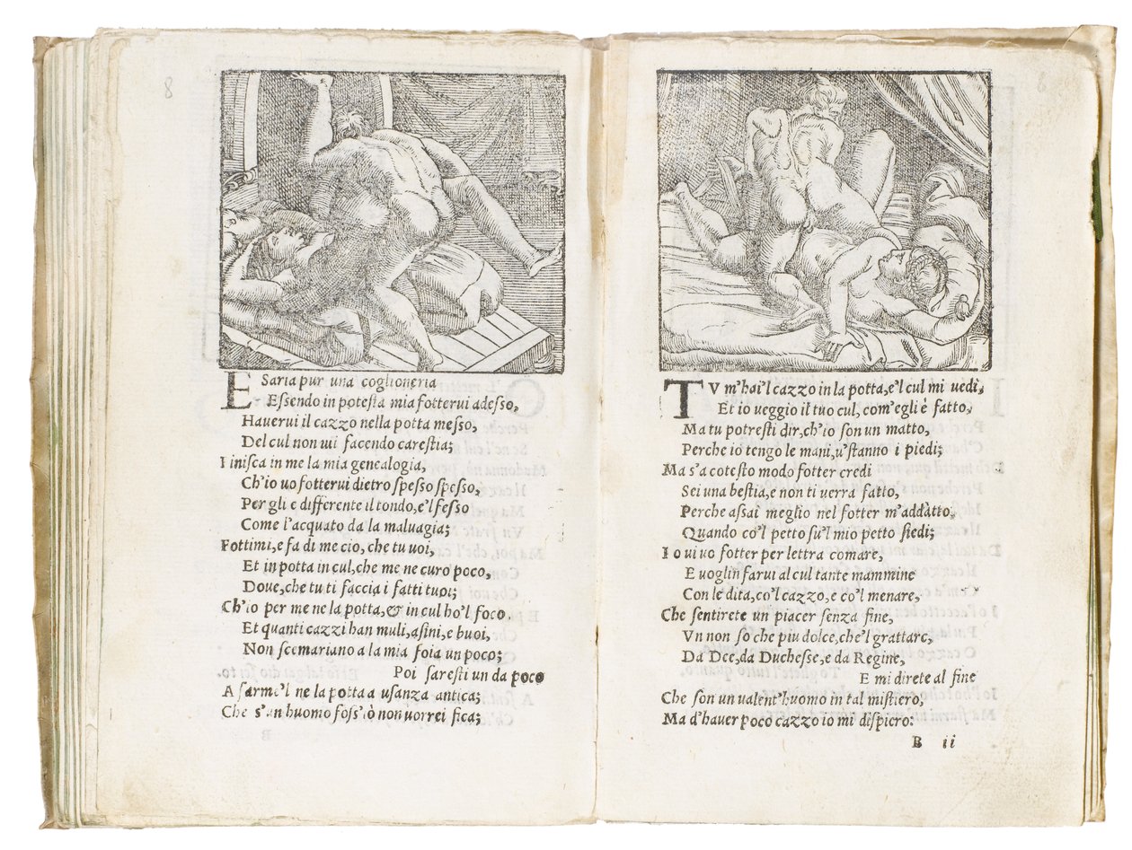彼得·阿雷蒂诺（Pietro Aretino）的《索内蒂·卢苏里奥西》（Sonetti Lussuriosi）的页面，由朱利奥·罗马诺（Giulio Romano）插图和马尔坎通尼奥·雷蒙迪（Marcantonio Raimondi）刻制，于约1527年出版，威尼斯 作者 意大利学校