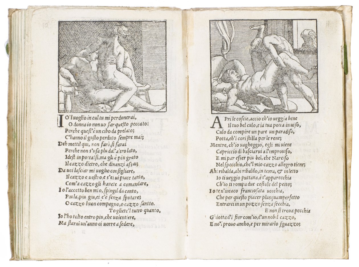 彼得·阿雷蒂诺（Pietro Aretino）的《索内蒂·卢苏里奥西》（Sonetti Lussuriosi）的页面，由朱利奥·罗马诺（Giulio Romano）插图和马尔坎通尼奥·雷蒙迪（Marcantonio Raimondi）刻制，于约1527年出版，威尼斯 作者 意大利学校