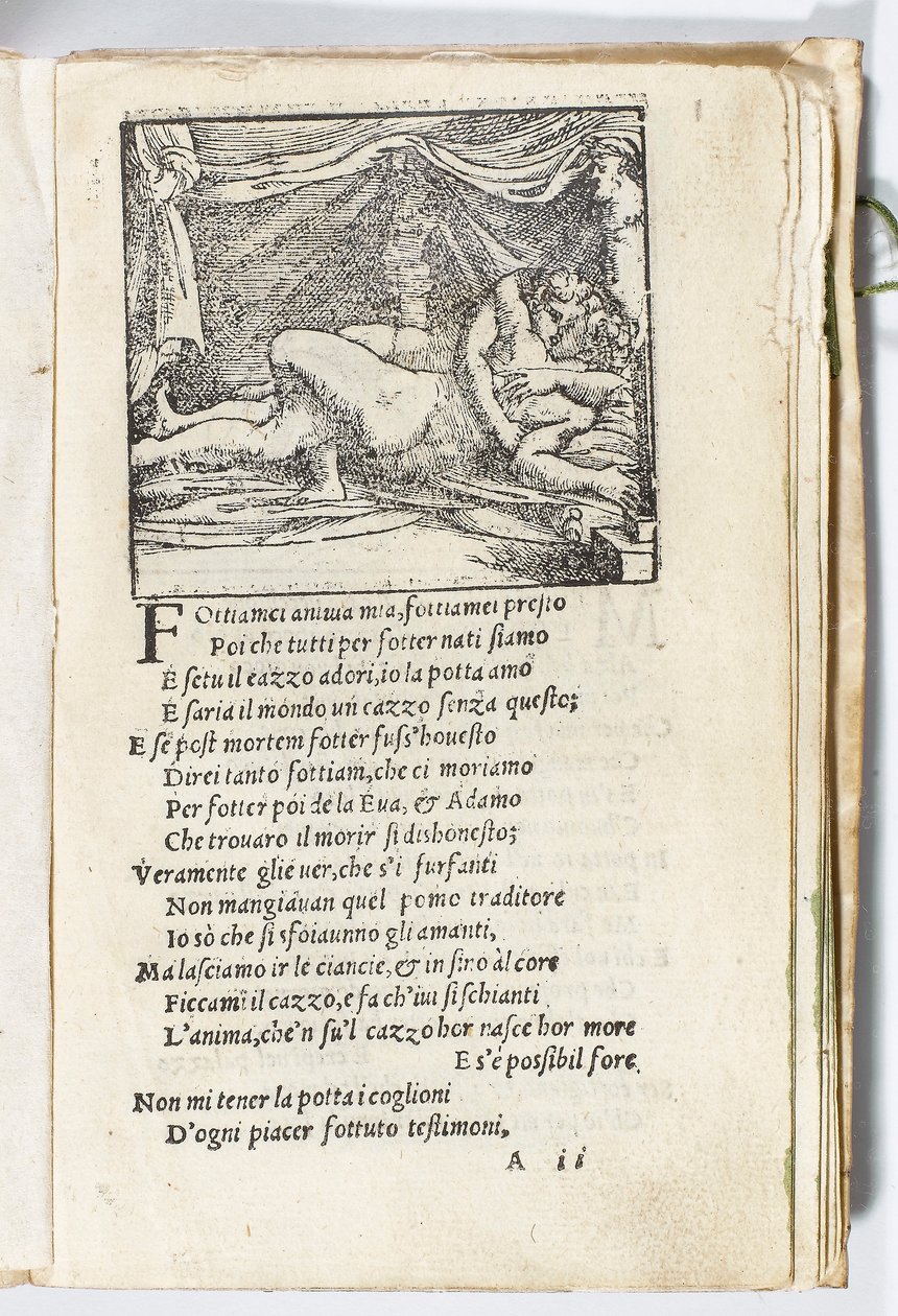 彼得·阿雷蒂诺（Pietro Aretino）的《索内蒂·卢苏里奥西》（Sonetti Lussuriosi）的页面，由朱利奥·罗马诺（Giulio Romano）插图和马尔坎通尼奥·莱蒙迪（Marcantonio Raimondi）刻版，于1527年在威尼斯出版（印刷和木刻） 作者 意大利学校