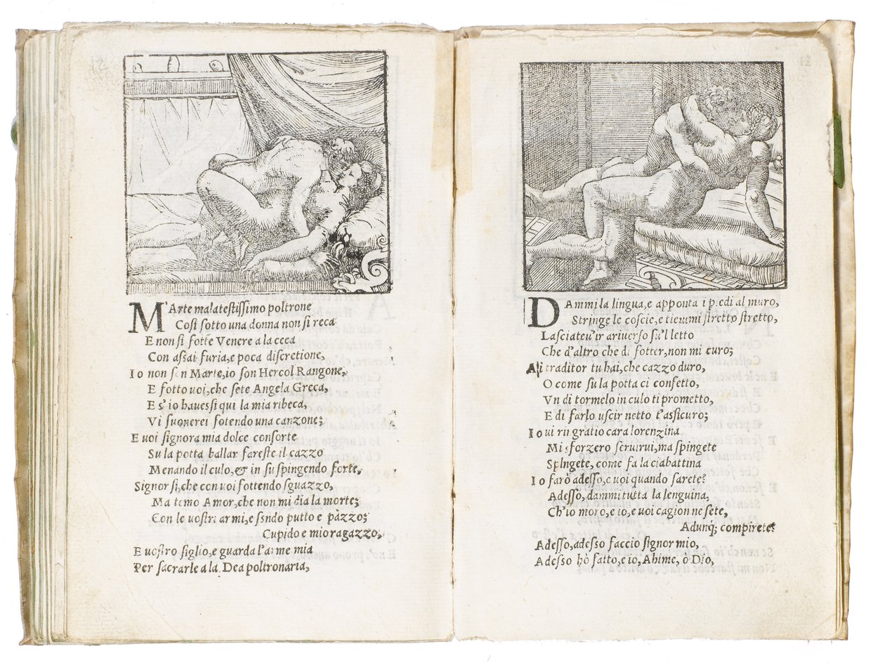彼得·阿雷蒂诺（Pietro Aretino）的《索内蒂·卢苏里奥西》（Sonetti Lussuriosi）的页面，由朱利奥·罗马诺（Giulio Romano）插图和马尔坎通尼奥·莱蒙迪（Marcantonio Raimondi）刻版，于1527年在威尼斯出版（印刷和木刻） 作者 意大利学校