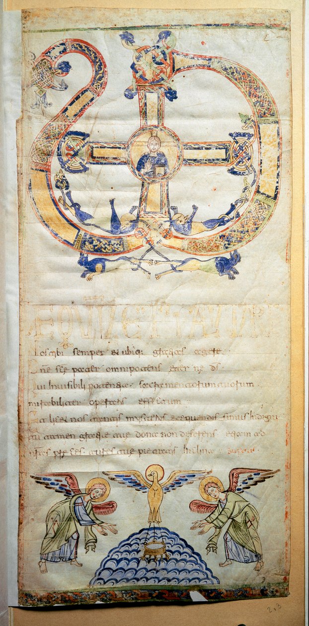 包含由 Eveque 进行的祈祷和仪式的教皇页面 (Ms.724/1-Carta3) 一份 10 世纪的手稿。 罗马，卡萨纳特斯图书馆 作者 意大利学校