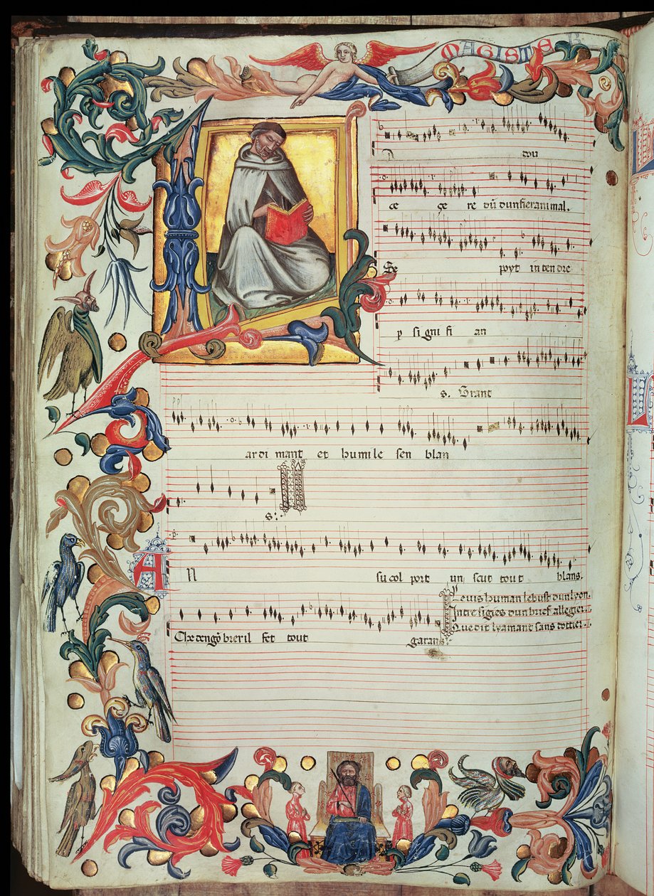 带有历史悠久的首字母的乐谱页，来自 Squarcialupi Codex，由佛罗伦萨 S. Maria degli Angeli 修道院制作（牛皮纸） 作者 意大利学校