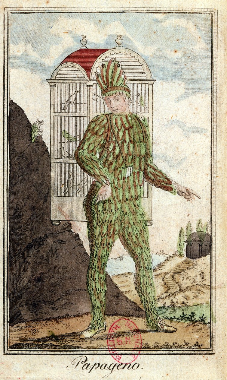 Papageno是捕鸟者，来自Wolfgang Amadeus Mozart的The Magic Flute（1756-91）， 作者 意大利学校