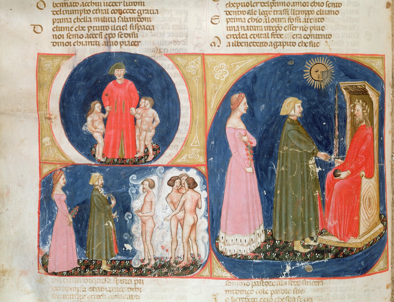 Paradiso VI f.56v与查士丁尼的对话，来自Dante Alighieri的神曲（1265-1321） 作者 意大利学校