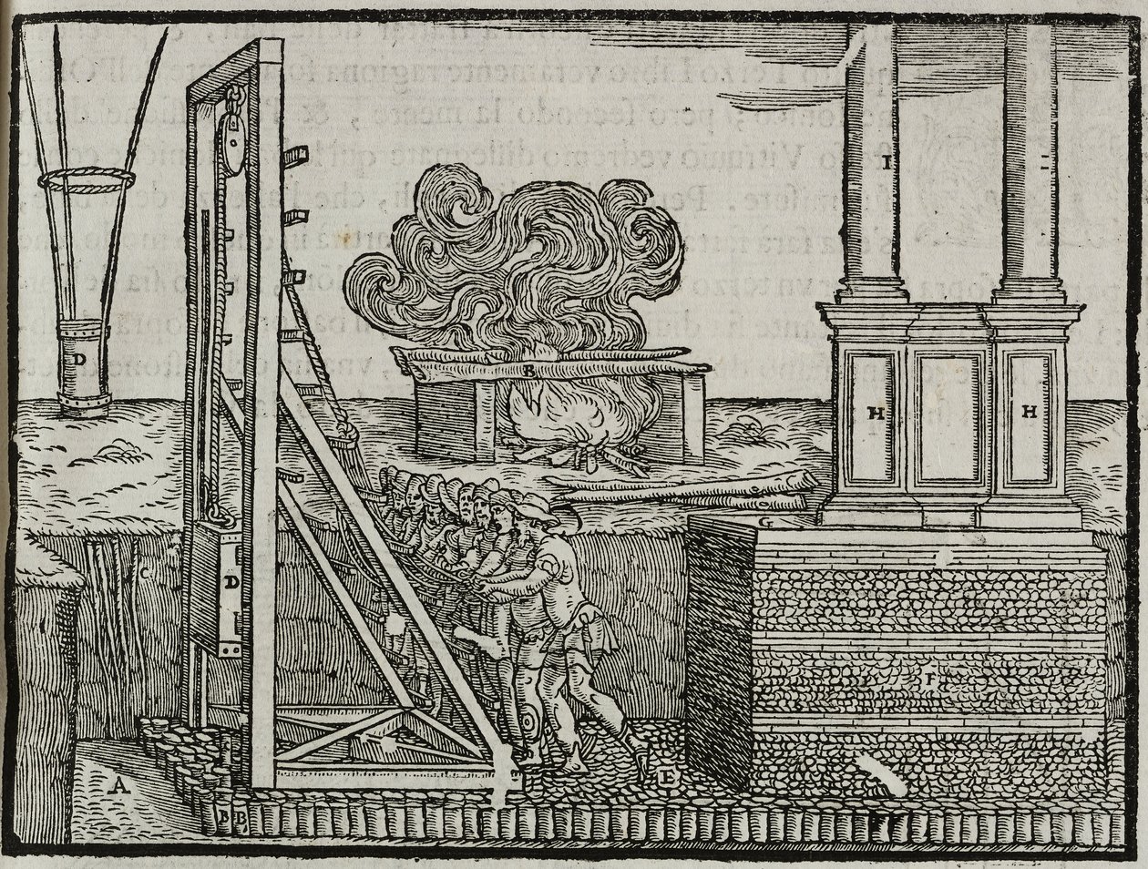 打桩机，出自乔瓦尼·安东尼奥·鲁斯科尼 (Giovanni Antonio Rusconi) 所著的《维特鲁威戒律的十本建筑书》，威尼斯尼科利尼 (Nicolini) 出版 作者 意大利学校