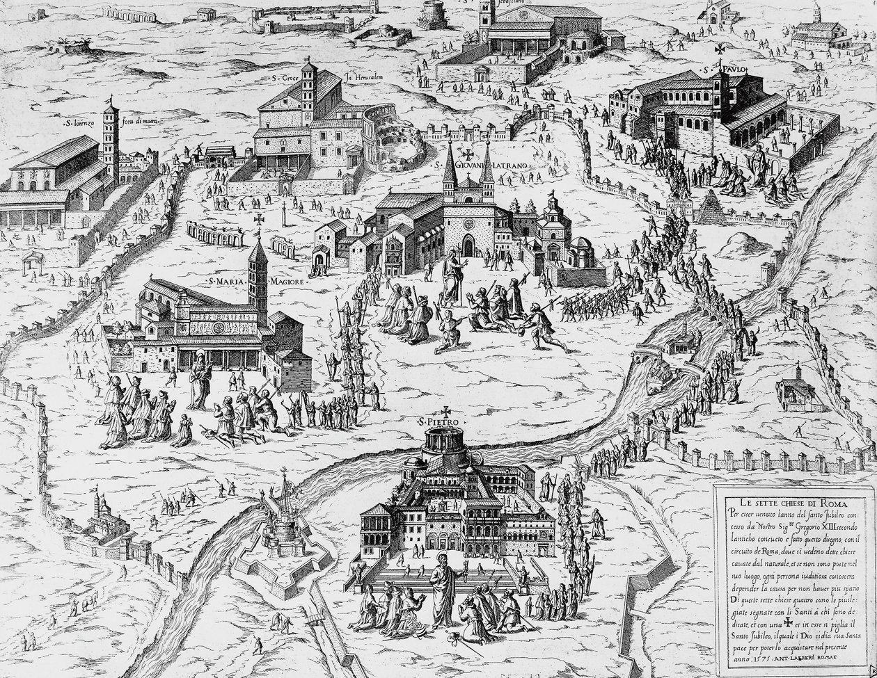 1575 年圣年期间参观罗马七座教堂的朝圣者，雕刻，意大利 作者 意大利学校