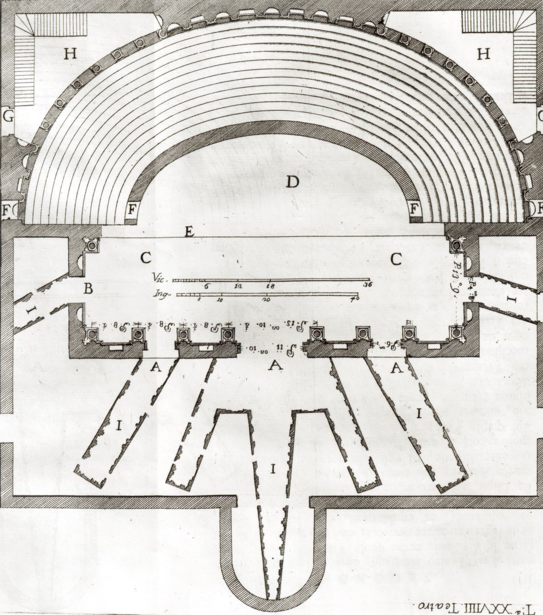 维琴察奥林匹克剧院的计划，由安德里亚帕拉迪奥（1508-80）设计，建于1580年至1885年 作者 意大利学校