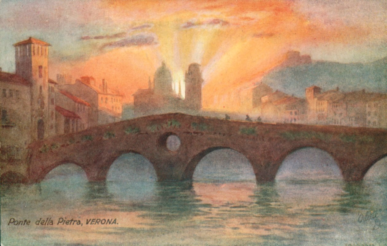 Ponte Pietra，最古老的罗马桥，意大利维罗纳（彩色石版画） 作者 意大利学校
