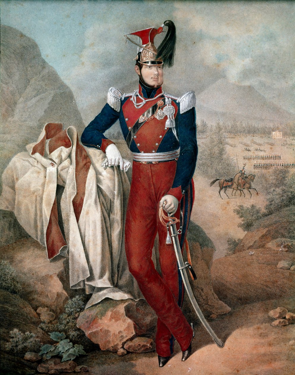 斐迪南二世 (Ferdinando Carlo) (1810-1859) 肖像，两西西里国王 (Two Sicilies) 匿名水彩画。 19 世纪圣马蒂诺那不勒斯国家博物馆 作者 意大利学校