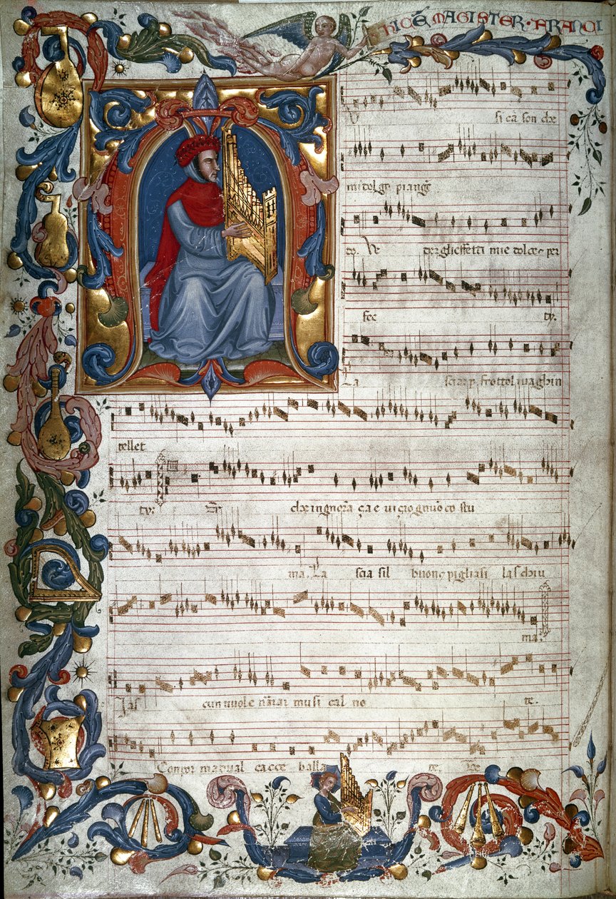 Francesco Landino的肖像和乐谱，插图来自“Squarcialupi Codex”，c.1325-35 作者 意大利学校