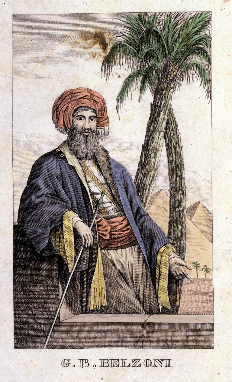 Giovanni Battista (Gianbattista) Belzoni (1778-1823) 的肖像，意大利探险家和考古学家，在埃及做出了重要的考古发现。 雕刻 - 米兰贝尔佐尼 (Belzoni) 的“” Viaggio in Egitto e in Nubia” 作者 意大利学校