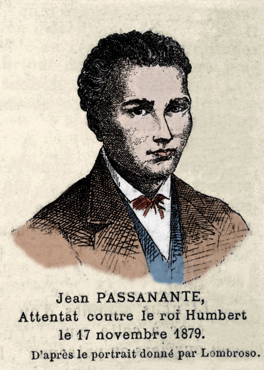 乔瓦尼·帕桑南特 (1849-1910) 的肖像，他根据切萨雷·隆布罗索 (Cesare Lombroso，1835-1909 年) 绘制的肖像，于 1878 年在那不勒斯对意大利国王翁贝托一世 (Humbert I) 进行了袭击。 这一事件激发了诗人乔瓦尼·帕斯科利（Giovanni Pascoli，1855-1912）的灵感。 作者 意大利学校