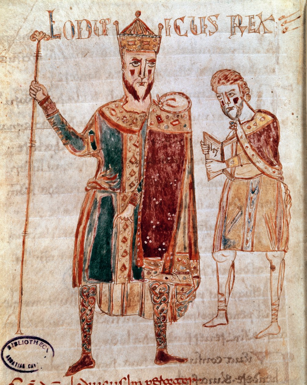 虔诚的路易一世 (778-840) 的肖像，法国国王手稿页（第 4 女士）“Codex Legum Longobardorum”（或 Langobardorum）描述了罗塔里国王建立的伦巴第王国的法律 作者 意大利学校