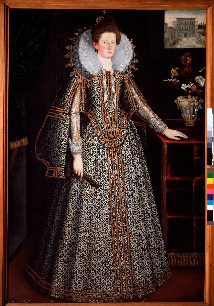 Portrait of a lady of the Florentine nobility Derriere her a representation of the Pitti Palace, she is dressed in a richly paree dress and a strawberry collar in a charette wheel (Portrait of a florentine lady with a cartwheel ruff and a richly adorned dr 作者 意大利学校