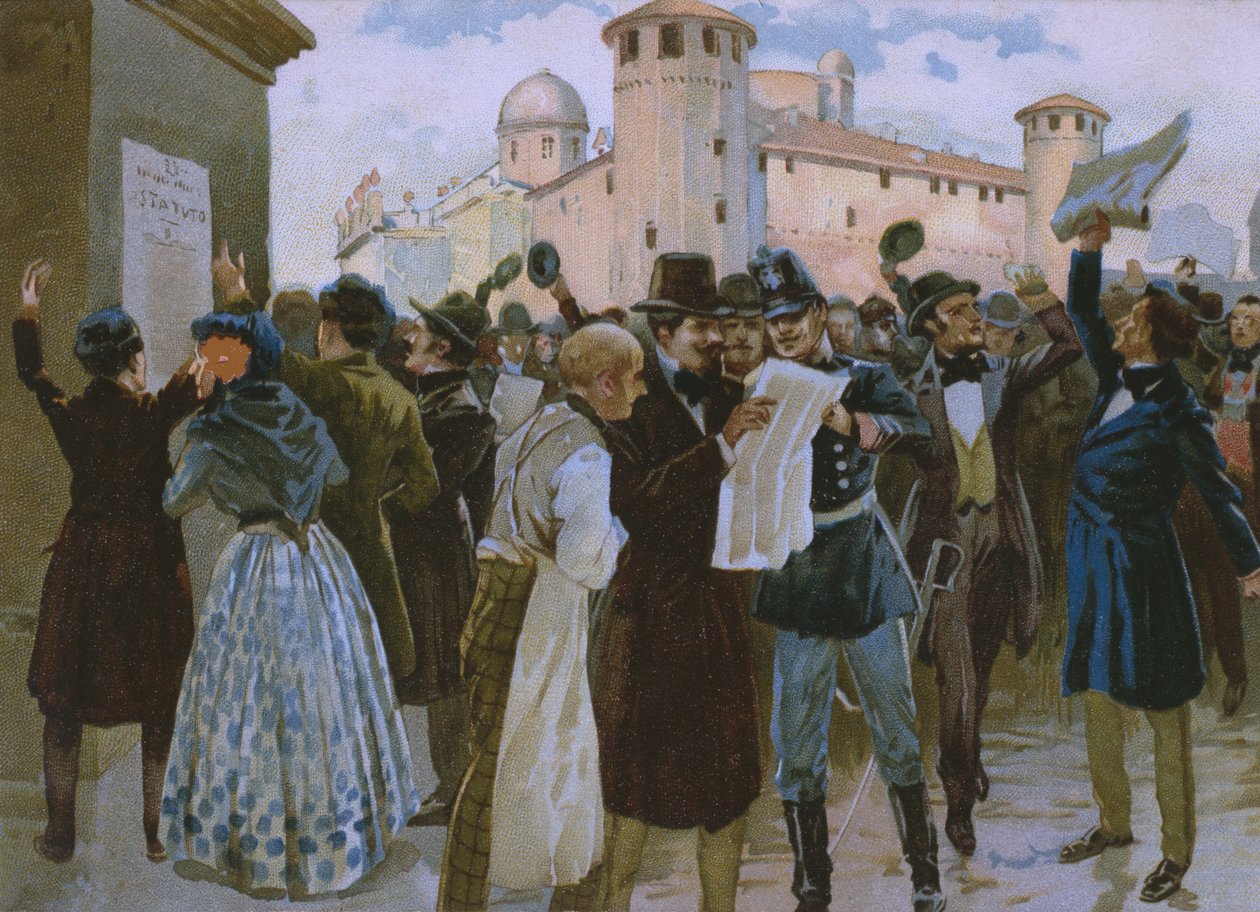 宣布1848年3月4日在都灵Palazzo Reale举行的公民投票结果，插图来自Risorgimento历史专辑，为巧克力Talmone制作，19世纪晚期 作者 意大利学校