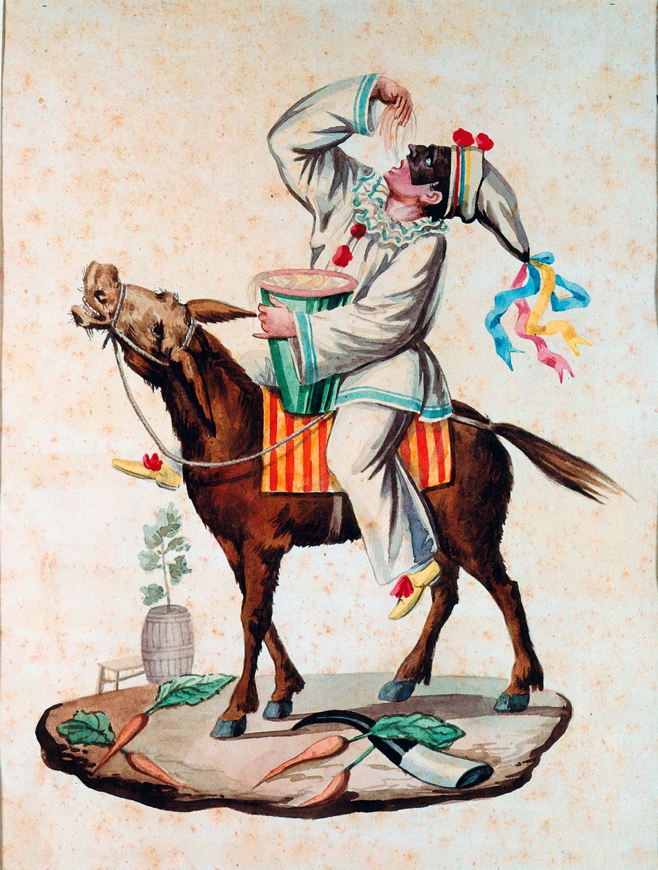 Pulcinella (Polichinelle) 喜剧喜剧的角色，在 19 世纪的匿名水彩驴上吃通心粉。 罗马国家面食博物馆，Agnesi 基金会 作者 意大利学校
