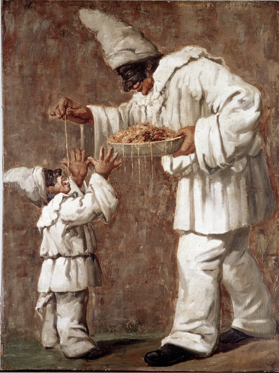 Pulcinella (polichinelle) 喜剧喜剧的角色给意大利面（意大利面条）一点 polichinelle 匿名绘画。 19 世纪意大利面食国家博物馆，阿涅西基金会，罗马 作者 意大利学校