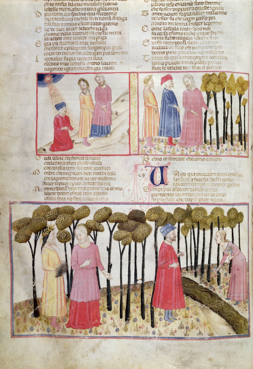 Purg.XXVIII f.47v Virgil离开神圣的森林，来自Dante Alighieri的神曲（1265-1321） 作者 意大利学校
