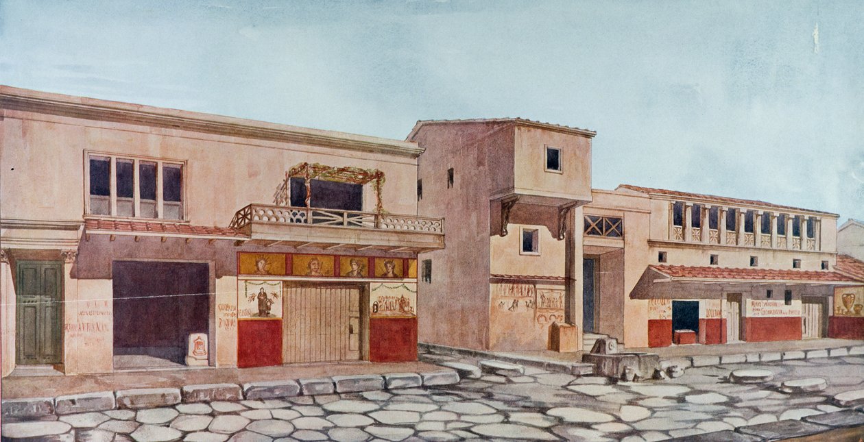 重建庞贝的阿邦丹扎大道（北侧），维托里奥-斯皮纳佐拉（Vittorio Spinazzola）1910-1923 年发掘记述中的插图，1953 年在罗马出版（彩色石版印刷）。 作者 意大利学校