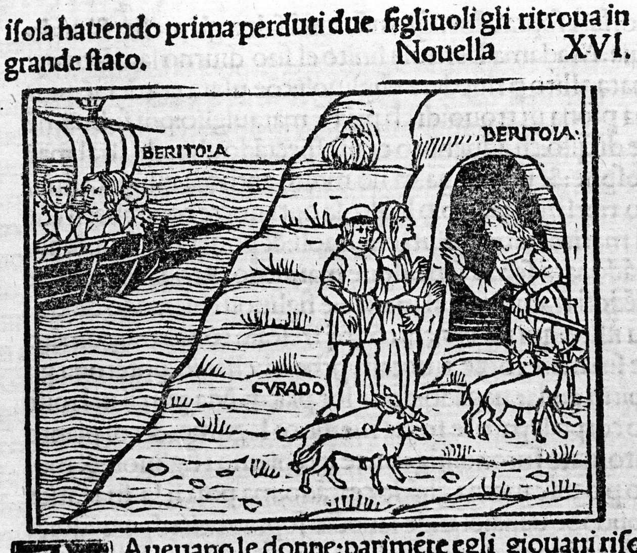Reet de Beritola。 意大利作家乔瓦尼·薄伽丘（Giovanni Boccaccio dit Jean Boccaccio，1313-1375）的“十日谈”新闻第 16 日（第二天新 6 日）插图。 雕刻在“”Decamerone ouer Cento nouelle” 威尼斯，Bartolomeo de 