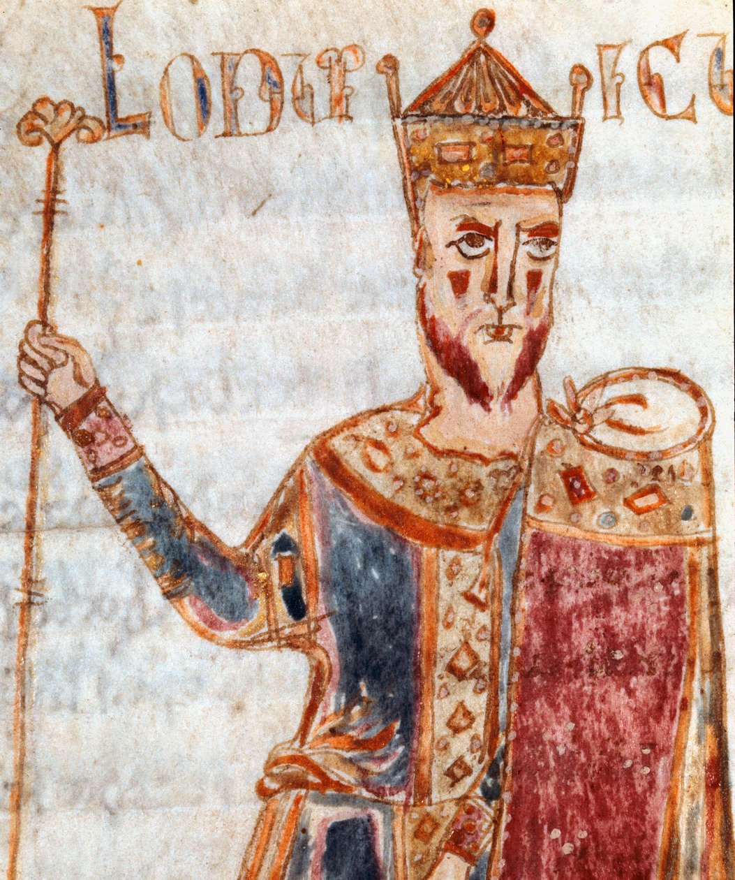 Representation of Louis I known as the Pious or the Debonnaire”” (778-840), son of Charlemagne”” Miniature taken from “” Codex Legum Longobardorum”” (or Langobardorum) describing the laws of the Lombard kingdom established by King Rothari 作者 意大利学校