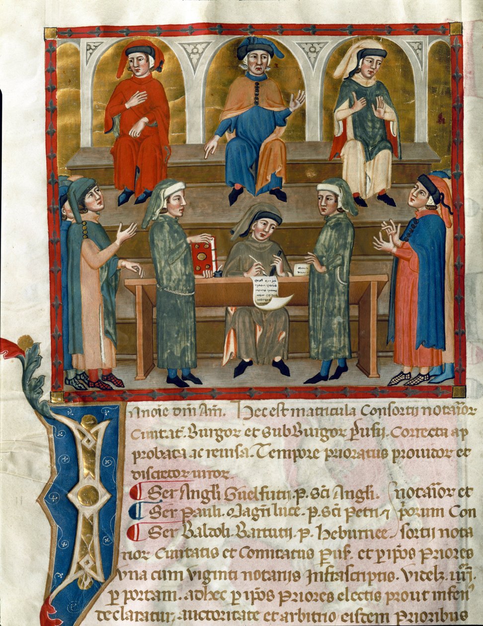 公证研究办公室的代表 页面取自 Matricola del Consorzio dei Notai di Perugia (ms. 972)（公证人名册）1343-1354 Perugia, Biblioteca Comunale Augusta 作者 意大利学校