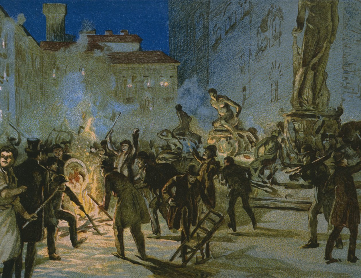 佛罗伦萨革命，1859年4月27日，一张关于Risorgimento历史专辑的插图，为巧克力Talmone制作，19世纪末 作者 意大利学校