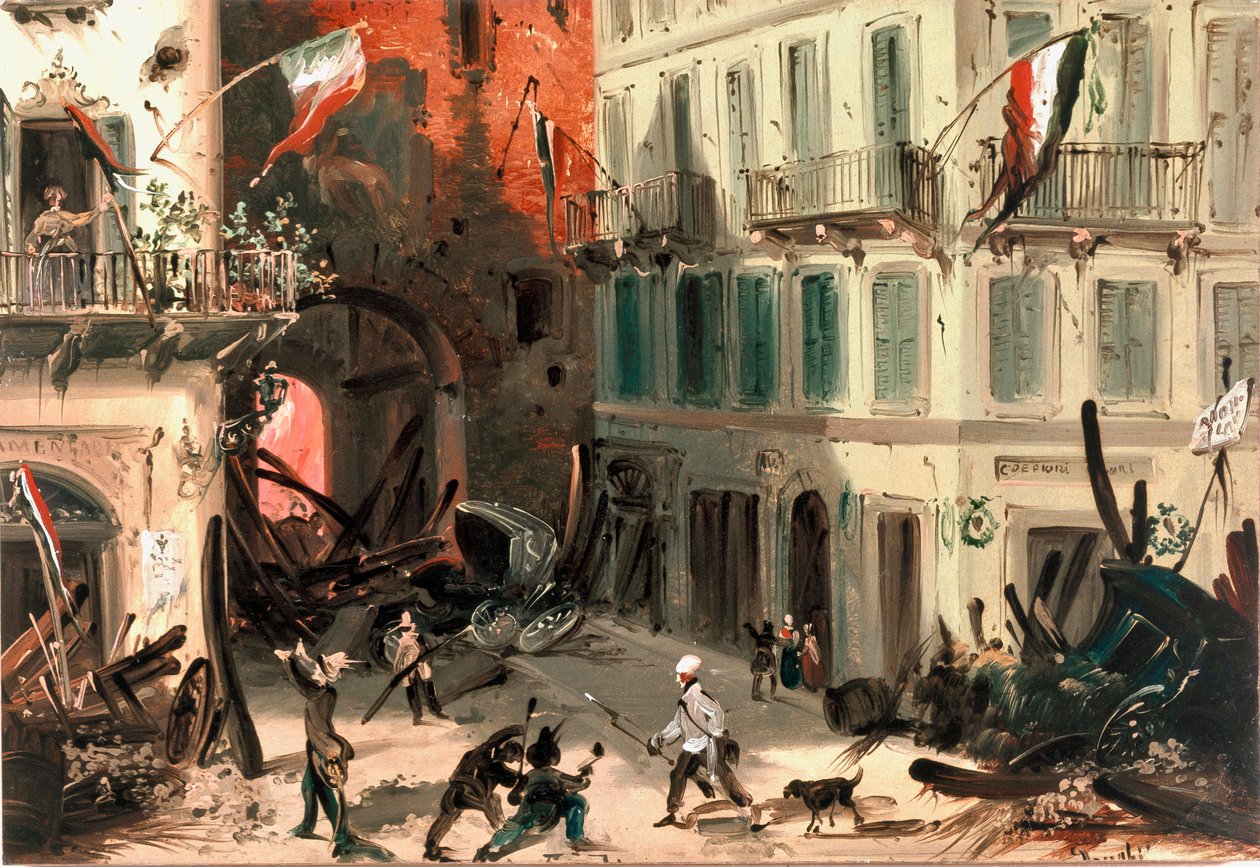 1848 年革命，米兰五天：3 月 22 日普斯特拉比阿特丽斯门附近的路障（绘画 作者 意大利学校