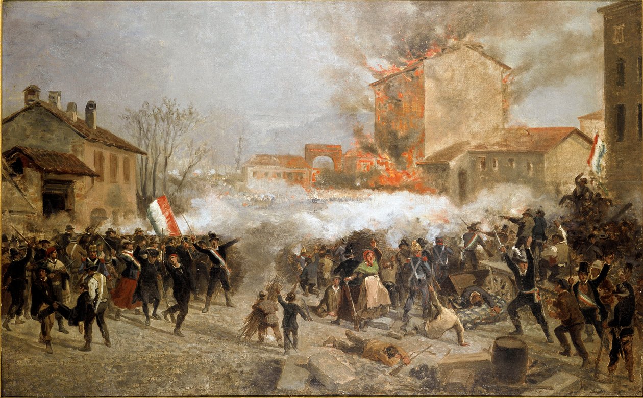 1848 年的革命，米兰的五天：起义者于 3 月 22 日占领了 Porta Tosa（绘画 作者 意大利学校
