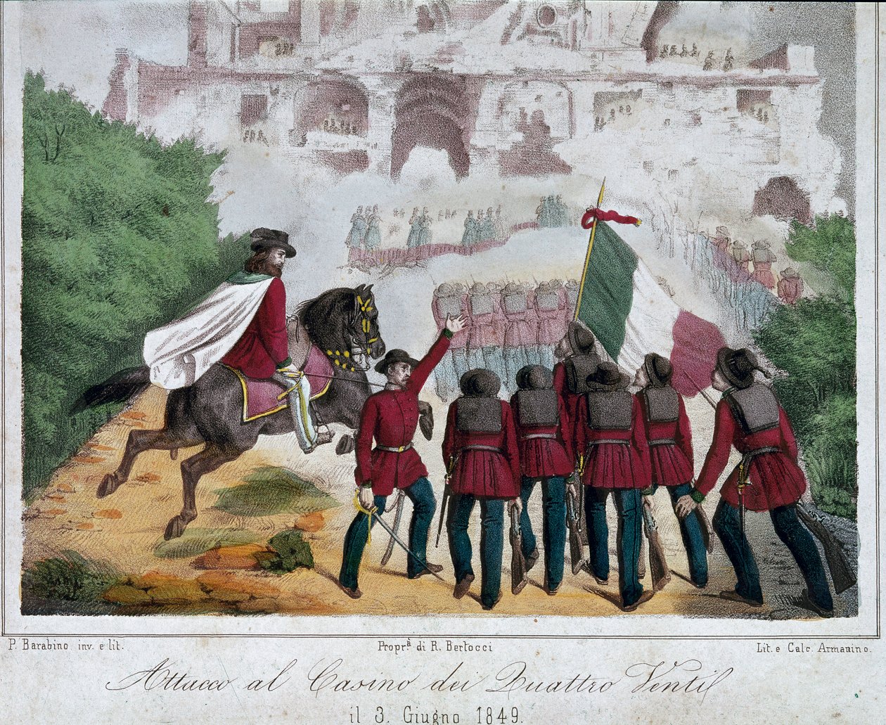 Risorgimento, Roman Republic (Repubblica romana)：朱塞佩·加里波第 (Giuseppe Garibaldi) 军队的士兵于 1849 年 3 月 6 日在马背上试图夺回位于罗马的 Quattro Venti 别墅。 光刻 罗马复兴国家博物馆 作者 意大利学校