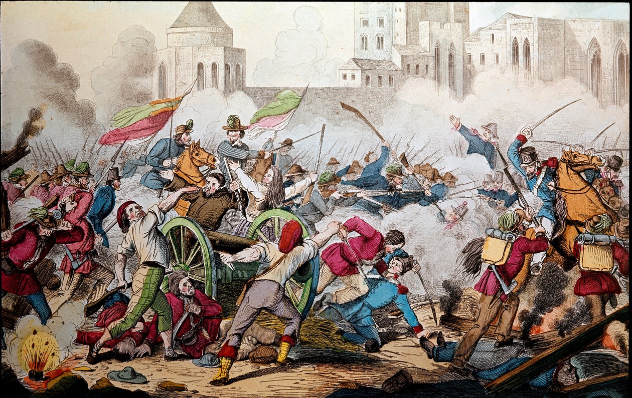 Risorgimento：1860 年 5 月 26 日巴勒莫的战斗。千人远征（红衫军）。 朱塞佩·加里波第（1807-1882）在巴勒莫和人民之间起义与他一起与那不勒斯波旁王国的士兵作战。 19 世纪的雕刻 作者 意大利学校