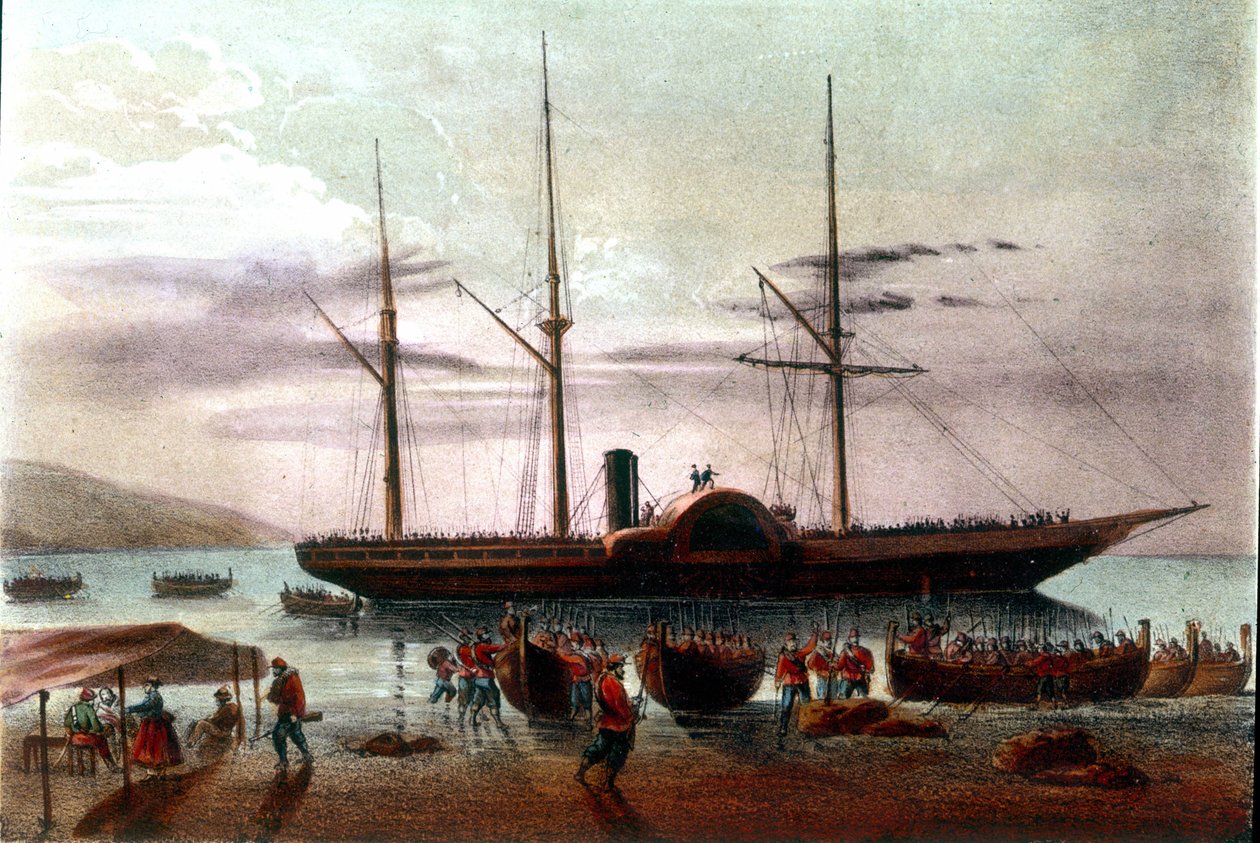 Risorgimento：1860 年 8 月 8 日，朱塞佩·米索里 (Giuseppe Missori)，朱塞佩·加里波第 (Giuseppe Garibaldi，1807-1882 年) 军队的军官，在墨西拿底特律出发，前往圣乔瓦尼别墅 (Fort of Villa San Giovanni)。 19 世纪的插图 作者 意大利学校