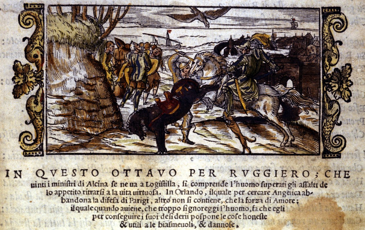 Ruggiero成功逃离了Alcina岛，后来从兽人手中救出了当归-Ludovico Ariosto的侠义诗“ Orlando Furioso”场景 作者 意大利学校