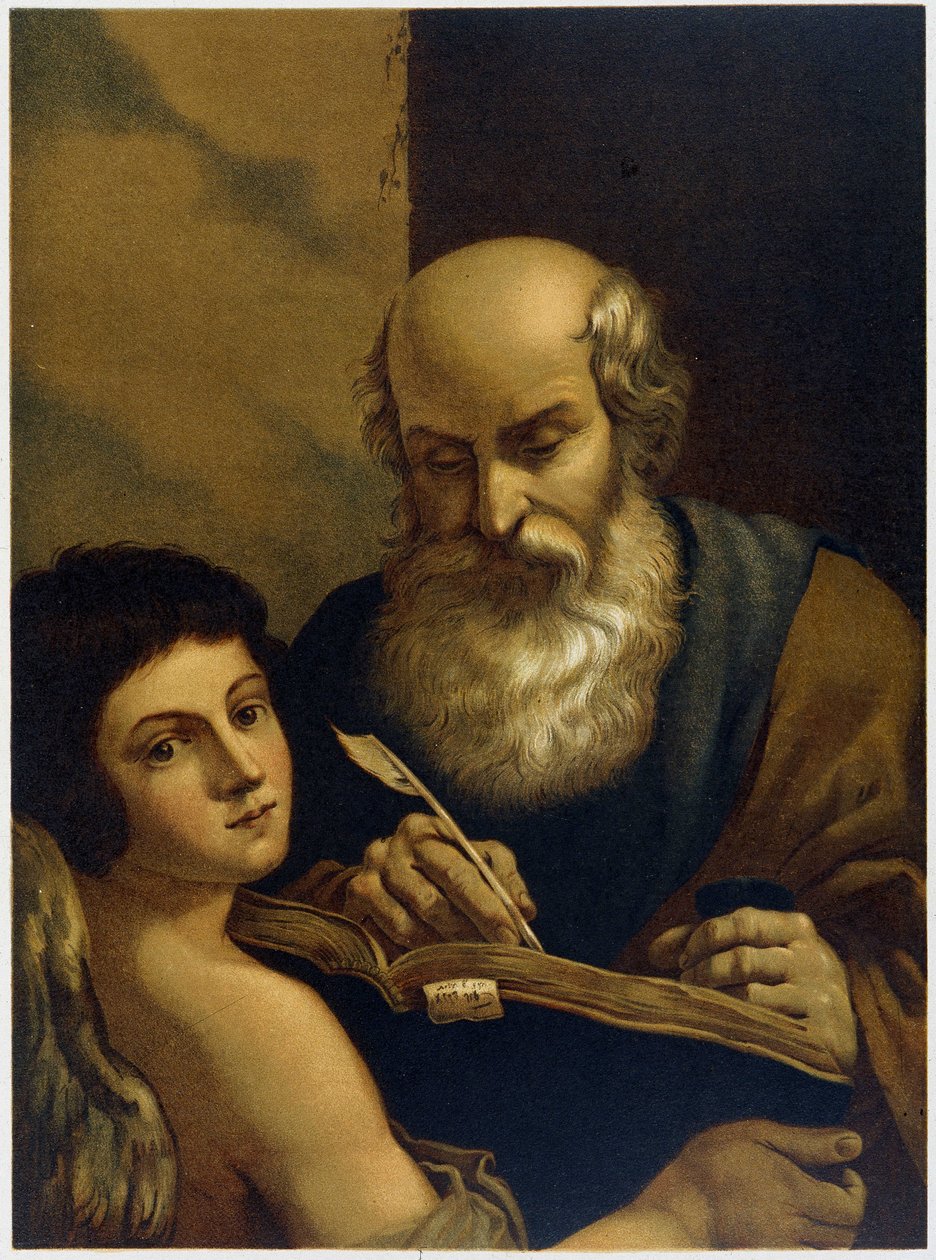 Saint Mathieu Writing and an Angel - 在“金色经典圣经：古代和新奋斗中神圣启示的历史”中，乔瓦尼·拉迪斯劳·西科拉（Giovanni Ladislao Sykora）（第 2 卷），唐·克莱门特·贝内蒂 (Don Clemente Benetti) 翻译。 （意大利圣经） 作者 意大利学校