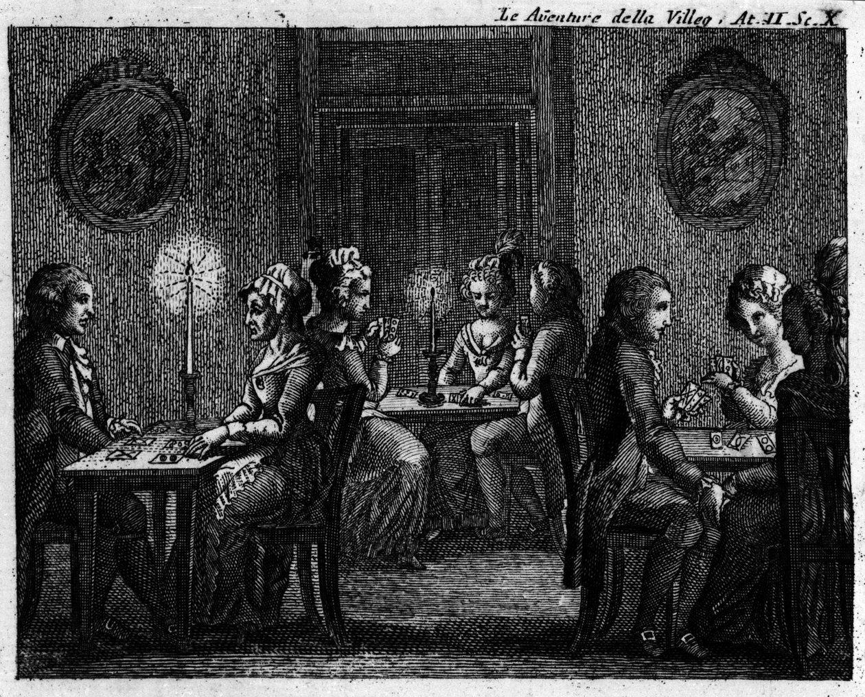 Carlo Goldoni（1707-1793）的漫画作品“The avventure della villeggiatura”（城市历险记）（1756 年）第二幕第 10 场：游戏桌。 18 世纪的雕刻 作者 意大利学校