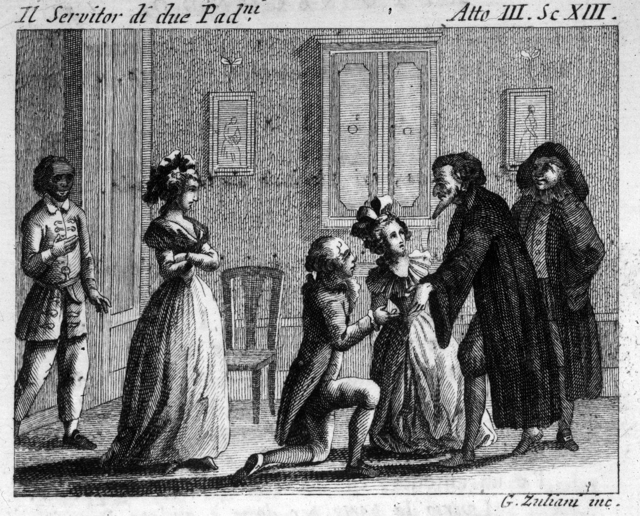 Carlo Goldoni（1707-1793）的漫画作品“Arlecchino servitore di Due padroni”（两位主人的丑角仆人）（1745 年）第三幕第 13 场。 18 世纪的雕刻 作者 意大利学校
