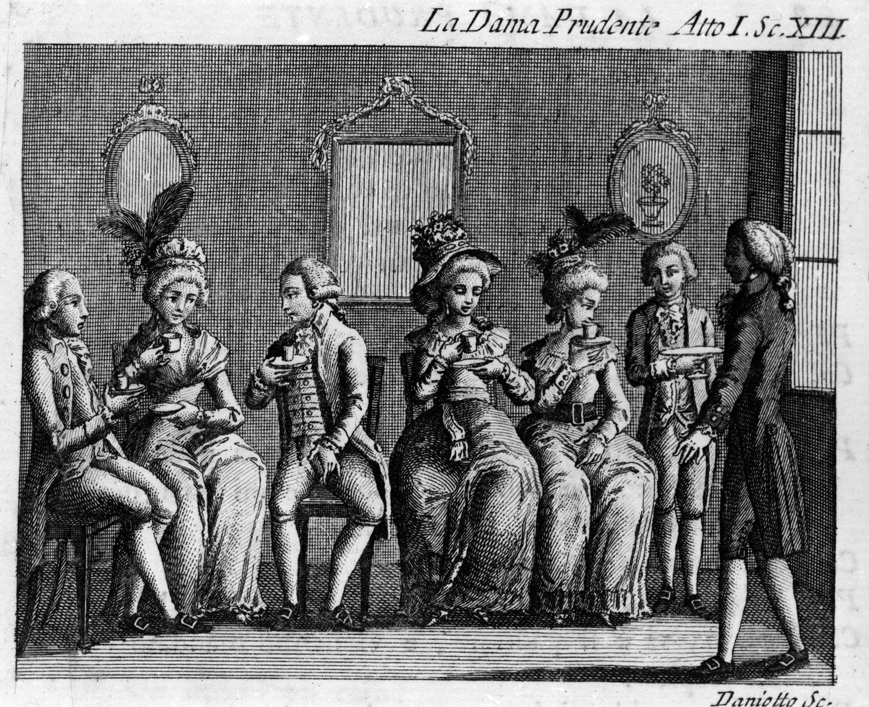 Carlo Goldoni（1707-1793）的漫画作品“La dama prudente”（谨慎的妻子）（1751 年）的第一幕第 13 场。 18 世纪的雕刻 作者 意大利学校